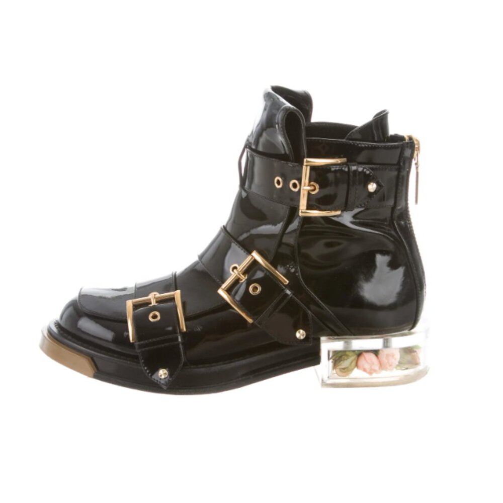 Alexander McQueen Black Patent Leather Rosebud Boots 6